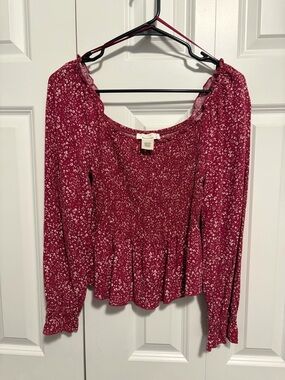 Women’s Red Floral Smocked Peplum Long-Sleeve Top
